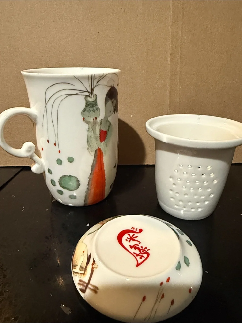 Teavana White Ceramic Teacup Set with Orange and Green Accents